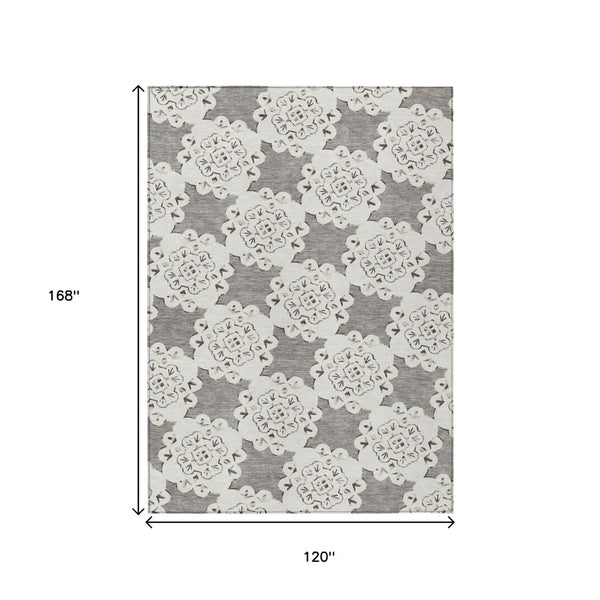 HomeRoots 10' Taupe and Ivory Quatrefoil Area Rug - Washable Indoor/Outdoor, Durable, Stylish for Any Space! 661068