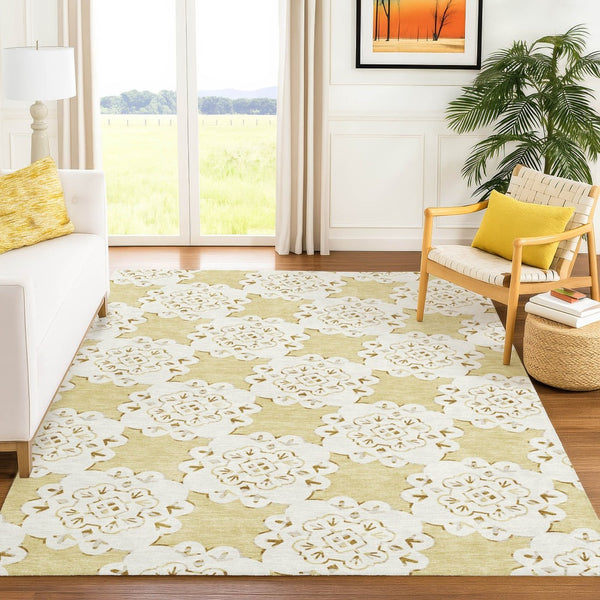 HomeRoots 10' X 14' Wheat Quatrefoil Area Rug - Stylish, Washable, Durable for Indoor & Outdoor Spaces! 661074