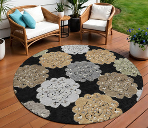 HomeRoots 8' Round Quatrefoil Area Rug - Stylish Black Ivory Khaki Design, Washable for Indoor & Outdoor Use 661077