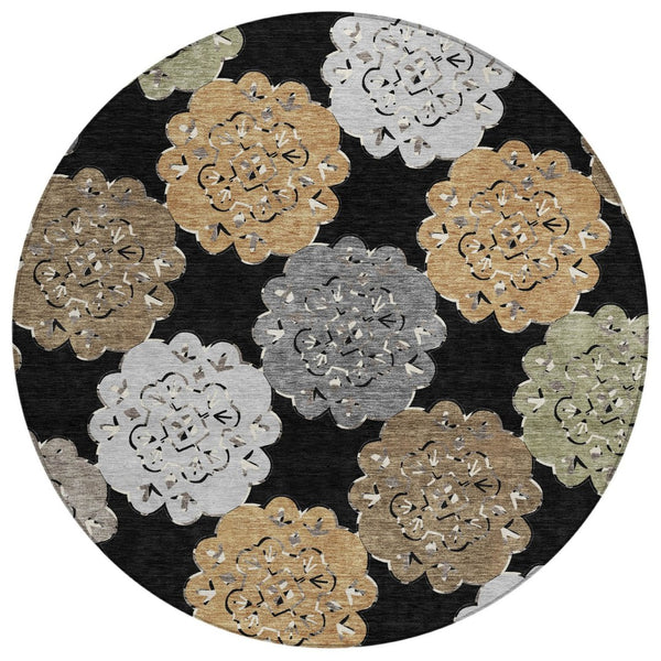 HomeRoots 8' Round Quatrefoil Area Rug - Stylish Black Ivory Khaki Design, Washable for Indoor & Outdoor Use 661077