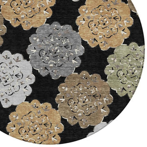 HomeRoots 8' Round Quatrefoil Area Rug - Stylish Black Ivory Khaki Design, Washable for Indoor & Outdoor Use 661077