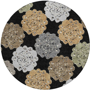 HomeRoots 8' Round Quatrefoil Area Rug - Stylish Black Ivory Khaki Design, Washable for Indoor & Outdoor Use 661077