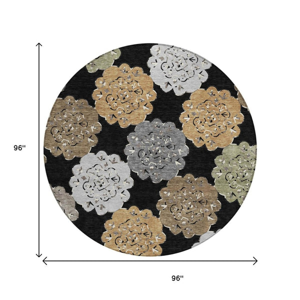 HomeRoots 8' Round Quatrefoil Area Rug - Stylish Black Ivory Khaki Design, Washable for Indoor & Outdoor Use 661077