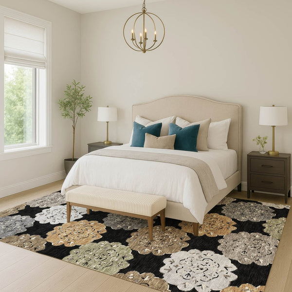 HomeRoots 10' Quatrefoil Washable Area Rug - Black, Ivory & Khaki - Durable Indoor/Outdoor Design for High Traffic 661080