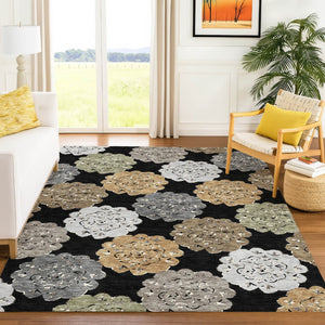 HomeRoots 10' Quatrefoil Washable Area Rug - Black, Ivory & Khaki - Durable Indoor/Outdoor Design for High Traffic 661080