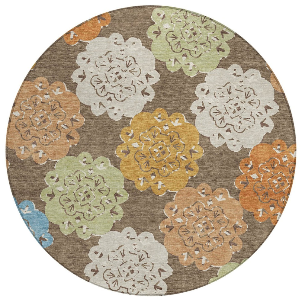 HomeRoots 8' Round Quatrefoil Washable Area Rug in Chocolate, Ivory & Copper - Stylish & Durable for Indoors/Outdoors 661083