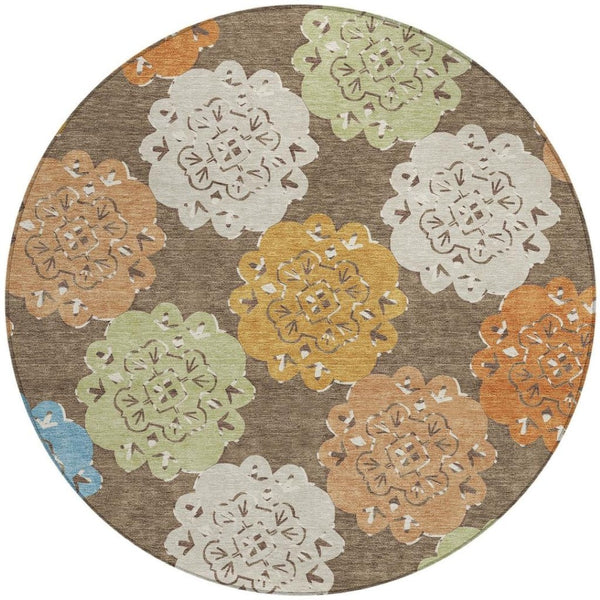 HomeRoots 8' Round Quatrefoil Washable Area Rug in Chocolate, Ivory & Copper - Stylish & Durable for Indoors/Outdoors 661083