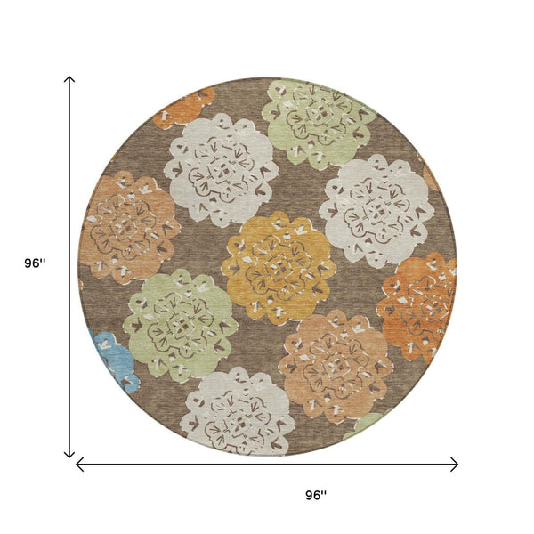 HomeRoots 8' Round Quatrefoil Washable Area Rug in Chocolate, Ivory & Copper - Stylish & Durable for Indoors/Outdoors 661083