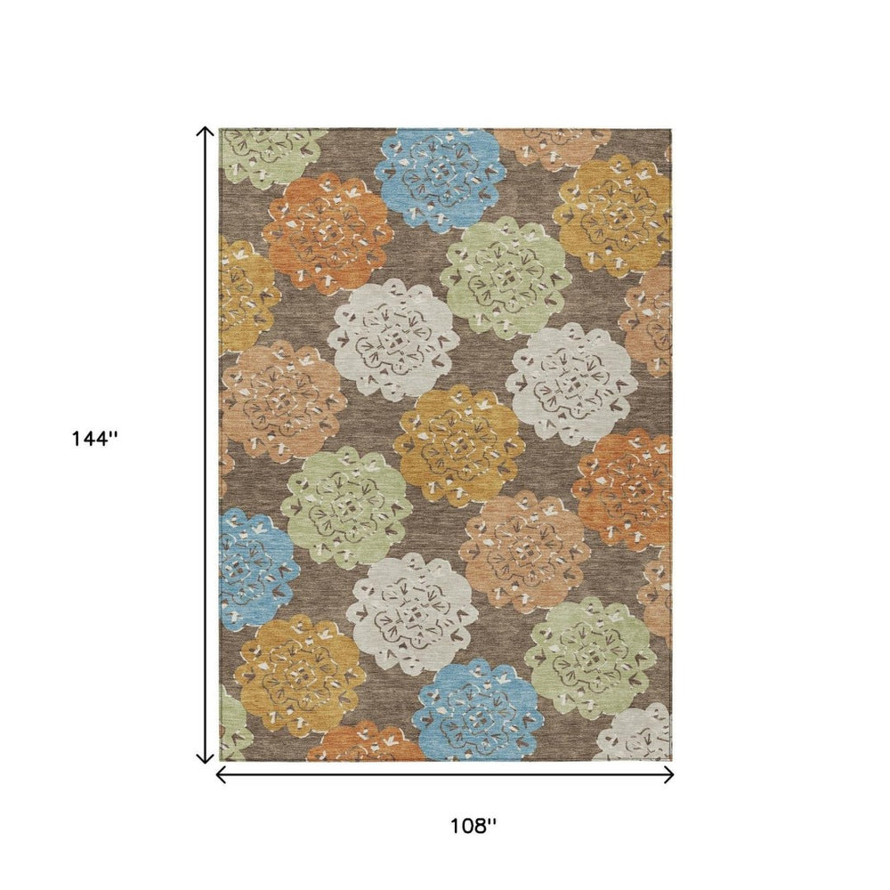 HomeRoots 9' X 12' Stylish Chocolate Ivory Copper Quatrefoil Washable Area Rug for Indoor & Outdoor Use 661085