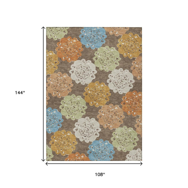 HomeRoots 9' X 12' Stylish Chocolate Ivory Copper Quatrefoil Washable Area Rug for Indoor & Outdoor Use 661085