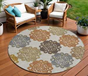 HomeRoots 8' Round Quatrefoil Area Rug in Taupe, Orange & Ivory - Washable, Durable for Indoor & Outdoor Use 661089