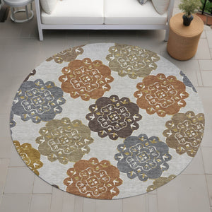 HomeRoots 8' Round Quatrefoil Area Rug in Taupe, Orange & Ivory - Washable, Durable for Indoor & Outdoor Use 661089