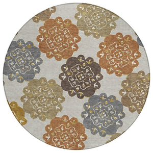 HomeRoots 8' Round Quatrefoil Area Rug in Taupe, Orange & Ivory - Washable, Durable for Indoor & Outdoor Use 661089