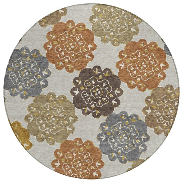 HomeRoots 8' Round Quatrefoil Area Rug in Taupe, Orange & Ivory - Washable, Durable for Indoor & Outdoor Use 661089
