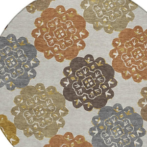 HomeRoots 8' Round Quatrefoil Area Rug in Taupe, Orange & Ivory - Washable, Durable for Indoor & Outdoor Use 661089