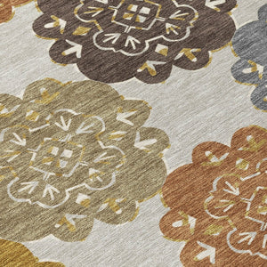 HomeRoots 8' Round Quatrefoil Area Rug in Taupe, Orange & Ivory - Washable, Durable for Indoor & Outdoor Use 661089