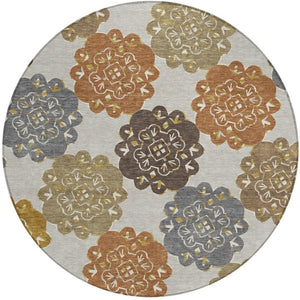 HomeRoots 8' Round Quatrefoil Area Rug in Taupe, Orange & Ivory - Washable, Durable for Indoor & Outdoor Use 661089