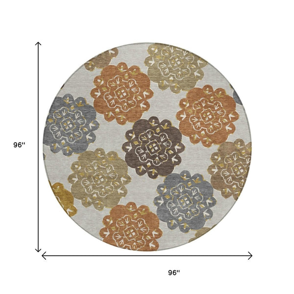 HomeRoots 8' Round Quatrefoil Area Rug in Taupe, Orange & Ivory - Washable, Durable for Indoor & Outdoor Use 661089