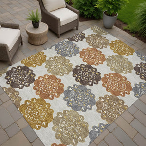 HomeRoots 8' X 10' Washable Quatrefoil Area Rug in Taupe, Orange & Ivory - Durable, Stylish for Indoor & Outdoor Spaces 661090
