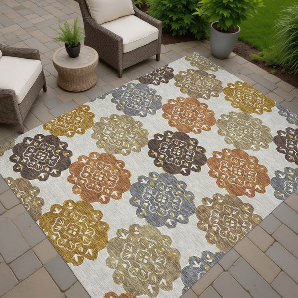 HomeRoots 8' X 10' Washable Quatrefoil Area Rug in Taupe, Orange & Ivory - Durable, Stylish for Indoor & Outdoor Spaces 661090