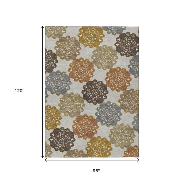 HomeRoots 8' X 10' Washable Quatrefoil Area Rug in Taupe, Orange & Ivory - Durable, Stylish for Indoor & Outdoor Spaces 661090