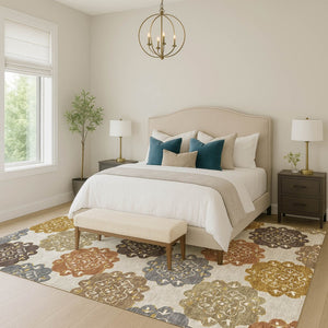HomeRoots 8' X 10' Washable Quatrefoil Area Rug in Taupe, Orange & Ivory - Durable, Stylish for Indoor & Outdoor Spaces 661090