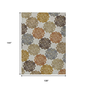 HomeRoots 9' X 12' Quatrefoil Washable Area Rug in Taupe, Orange & Ivory - Durable Indoor/Outdoor Style! 661091