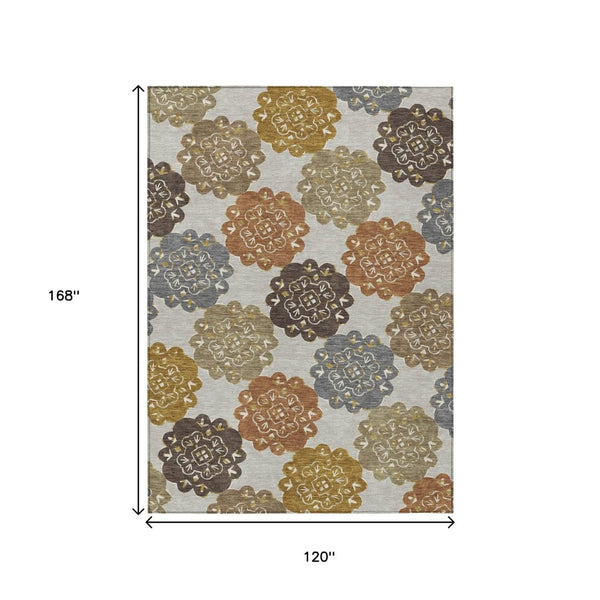 HomeRoots 10' Quatrefoil Indoor Outdoor Area Rug in Taupe, Orange & Ivory - Stylish, Washable & Durable Design 661092