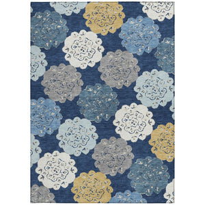 HomeRoots 5' X 8' Navy Blue Ivory Gold Quatrefoil Indoor Outdoor Area Rug - Durable, Washable & Stylish Design 661094