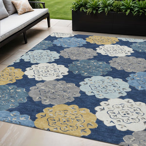 HomeRoots 5' X 8' Navy Blue Ivory Gold Quatrefoil Indoor Outdoor Area Rug - Durable, Washable & Stylish Design 661094