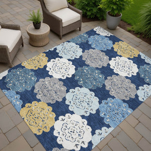 HomeRoots 5' X 8' Navy Blue Ivory Gold Quatrefoil Indoor Outdoor Area Rug - Durable, Washable & Stylish Design 661094