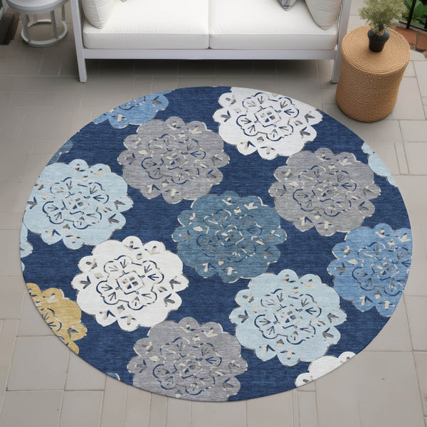 HomeRoots 8' Navy Blue Quatrefoil Area Rug – Washable, Durable Indoor/Outdoor Accent for Modern Living Spaces 661095