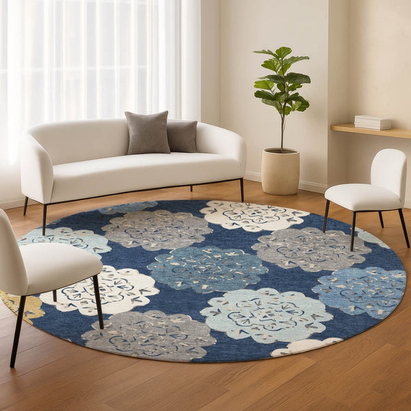 HomeRoots 8' Navy Blue Quatrefoil Area Rug – Washable, Durable Indoor/Outdoor Accent for Modern Living Spaces 661095