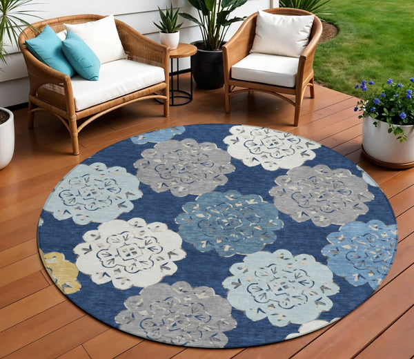 HomeRoots 8' Navy Blue Quatrefoil Area Rug – Washable, Durable Indoor/Outdoor Accent for Modern Living Spaces 661095