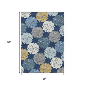 HomeRoots 8' Indoor Outdoor Quatrefoil Area Rug in Navy Blue, Ivory & Gold - Washable, Durable & Elegant Design 661096