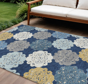 HomeRoots 8' Indoor Outdoor Quatrefoil Area Rug in Navy Blue, Ivory & Gold - Washable, Durable & Elegant Design 661096
