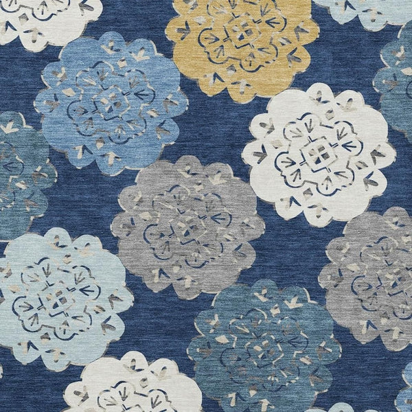 HomeRoots 8' Indoor Outdoor Quatrefoil Area Rug in Navy Blue, Ivory & Gold - Washable, Durable & Elegant Design 661096