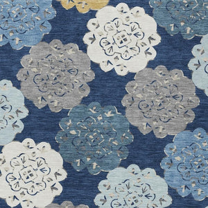HomeRoots 9' Quatrefoil Area Rug in Navy Blue, Ivory & Gold - Stylish, Washable for Indoor & Outdoor Use! 661097