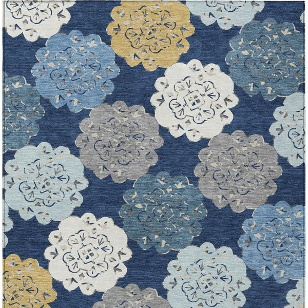 HomeRoots 10' Stylish Navy Blue, Ivory & Gold Quatrefoil Area Rug – Washable, Indoor/Outdoor, Durable Design 661098