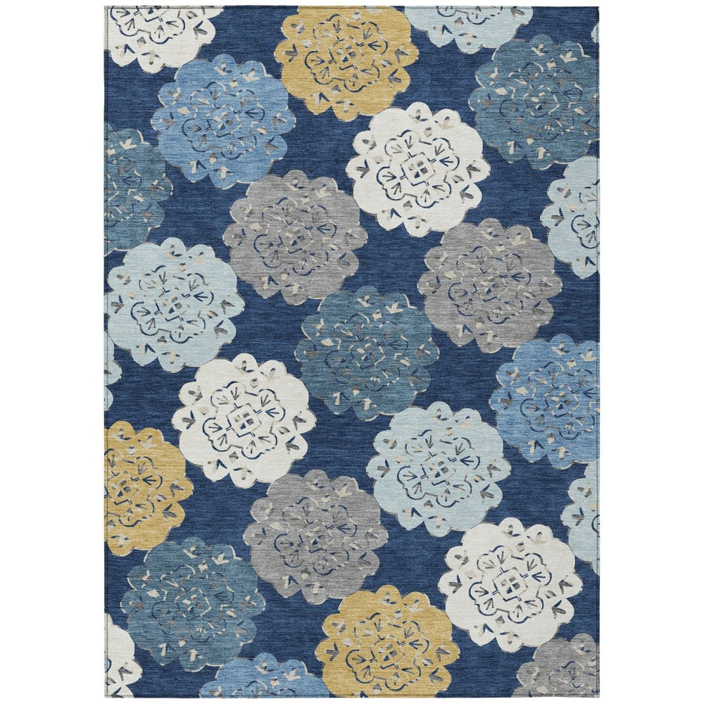 HomeRoots 10' Stylish Navy Blue, Ivory & Gold Quatrefoil Area Rug – Washable, Indoor/Outdoor, Durable Design 661098