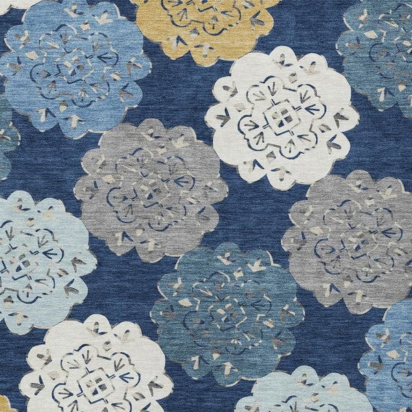 HomeRoots 10' Stylish Navy Blue, Ivory & Gold Quatrefoil Area Rug – Washable, Indoor/Outdoor, Durable Design 661098