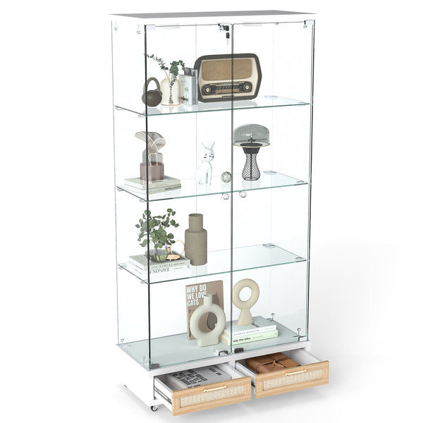 English Elm Modern Glass Display Cabinet With Led Lighting, Lockable Drawers, And Adjustable Shelves For Home Décor W241S00059