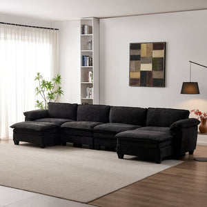 English Elm Living Room U-shape Chenille Sectional Sofa with Two Ottomans Pocket Coil Support Black W1097S00242