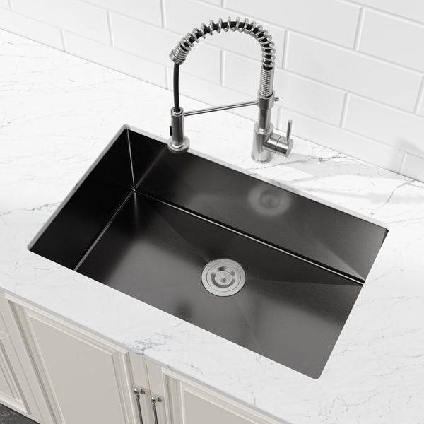 English Elm Stainless Steel Handmade Undermount Kitchen Sink Matte Black Single Bowl Deep Basin T3177P370632