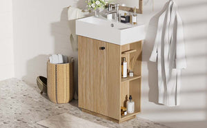 English Elm [video]21.6" Freestanding Bathroom Vanity Ceramic Sink Wavy Door Mdf Cabinet Small Bath Wood N729P285504N