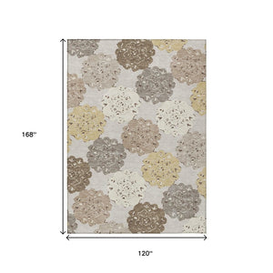 HomeRoots 10' Quatrefoil Area Rug in Pearl Ivory & Wheat - Washable, Durable for Indoor/Outdoor Spaces 661104