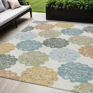 HomeRoots 5' X 8' Quatrefoil Area Rug - Pacific Blue, Ivory & Copper | Washable, Durable & Stylish Décor Piece 661106