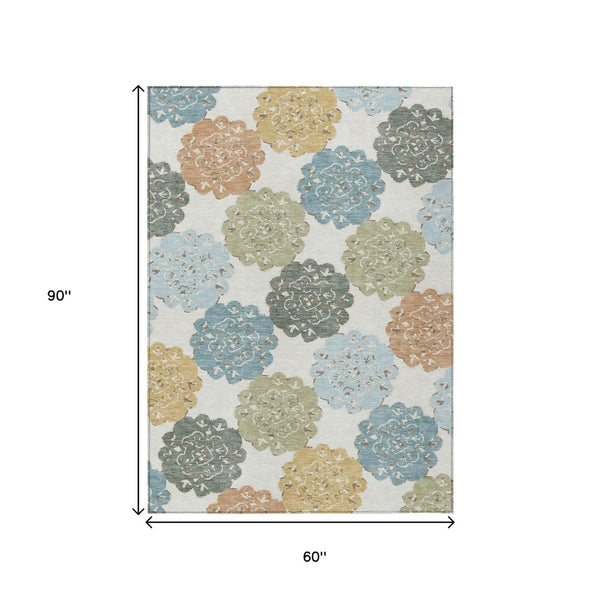 HomeRoots 5' X 8' Quatrefoil Area Rug - Pacific Blue, Ivory & Copper | Washable, Durable & Stylish Décor Piece 661106