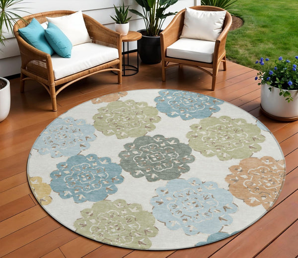 HomeRoots 8' Stylish Quatrefoil Area Rug in Pacific Blue, Ivory & Copper – Washable, Durable for Indoors & Outdoors 661107