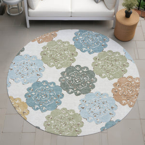 HomeRoots 8' Stylish Quatrefoil Area Rug in Pacific Blue, Ivory & Copper – Washable, Durable for Indoors & Outdoors 661107